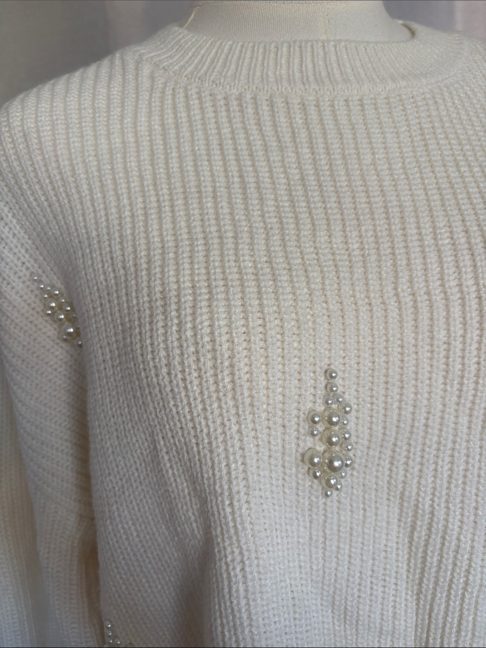 Pearl-Embellished Cream Ribbed Sweater - Picture 3 of 6
